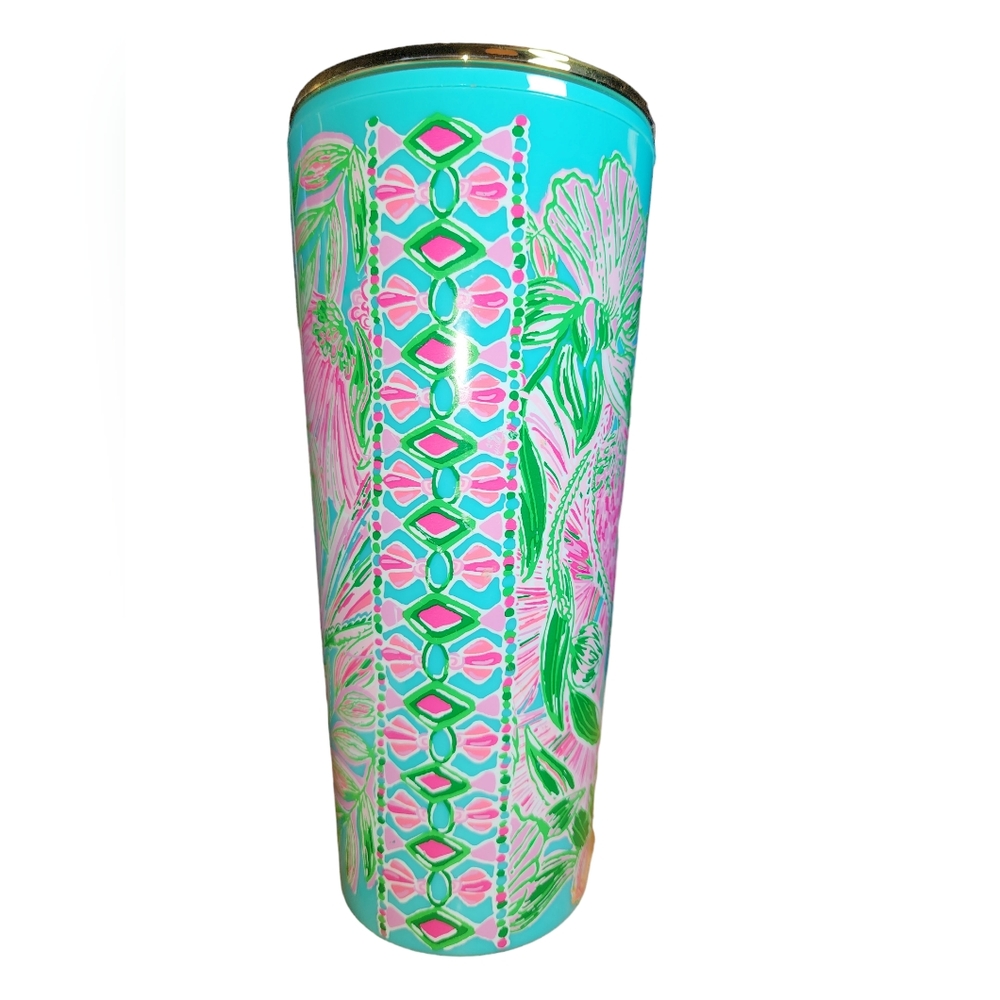 Lilly‎ Pulitzer Coming In Hot Blue & Pink Insulated Acrylic Tumbler & Lid 24oz. - Picture 4 of 9
